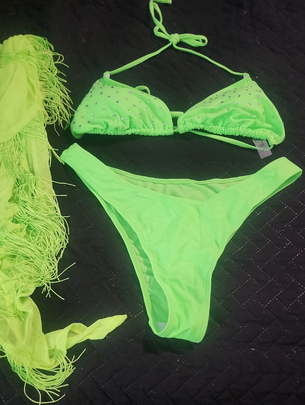 3 Pc Neon Green Rhinestone Triangle Bikini Set - Women Swim